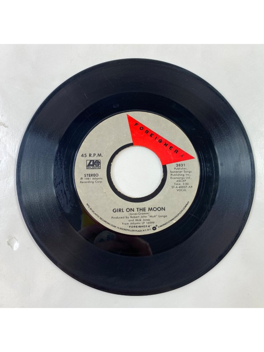 Vintage Foreigner 45 RPM Single Vinyl Record "Girl On The Moon" / "Urgent"